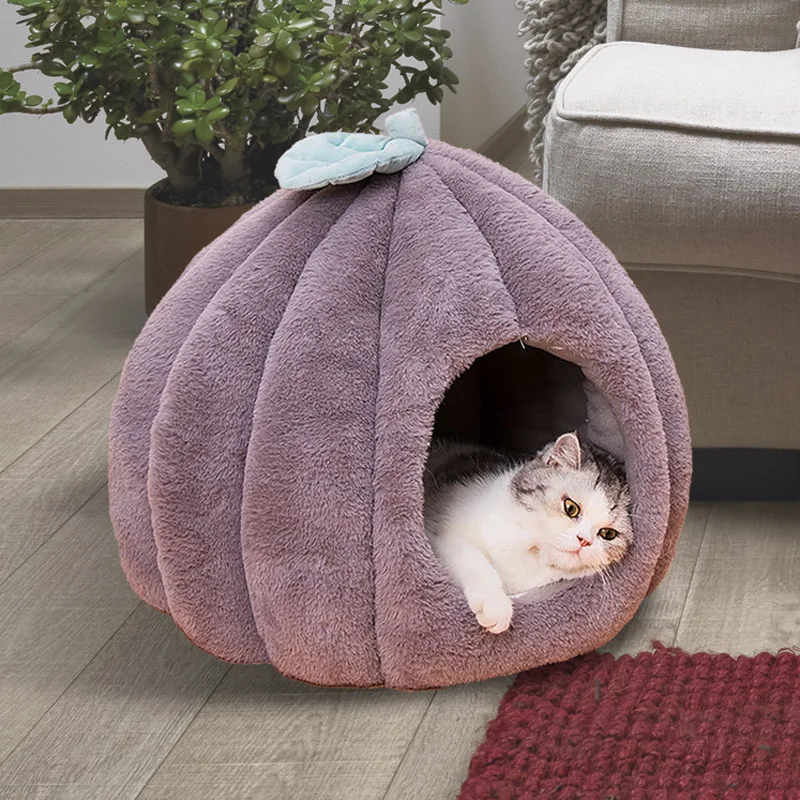 Perrera en forma de calabaza para gato, alfombra c&aacute;lida para gato, coj&iacute;n extra&iacute;ble y lavable, manta para gato, suministros para cama, yurta-0