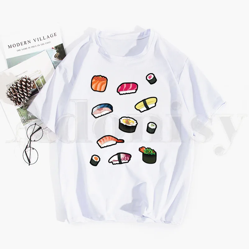 

Футболки в японском стиле милые суши, топы, футболки для мужчин и женщин, Повседневная футболка с коротким рукавом, забавная уличная одежда