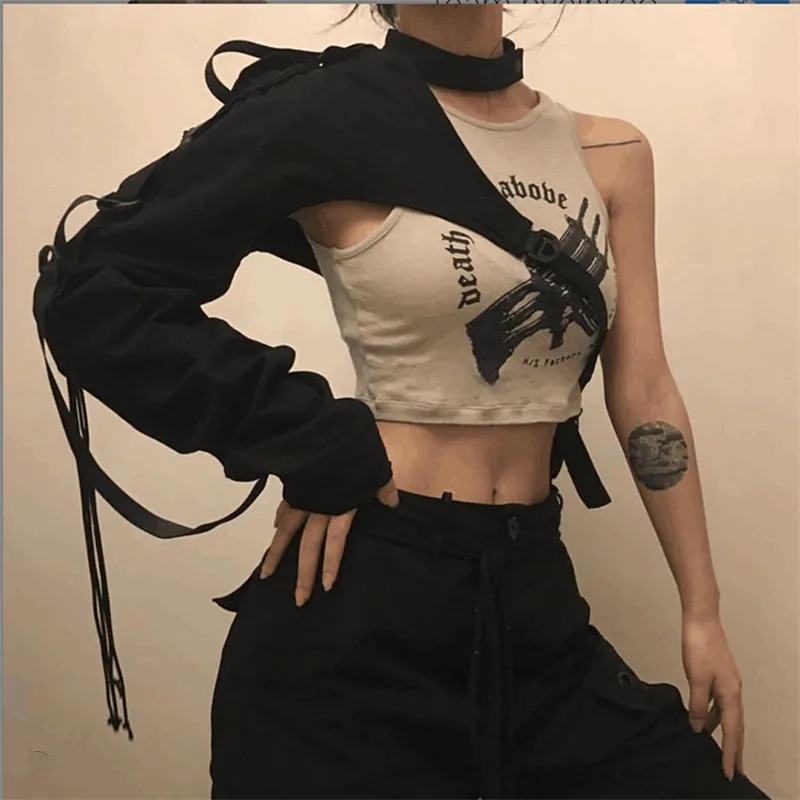 

Stylish Drawstring Ribbons Long Sleeve One Shoulder Choker Hoodies 2021 Women Autumn Skew Collar Ultra Short Pullover Crop Tops