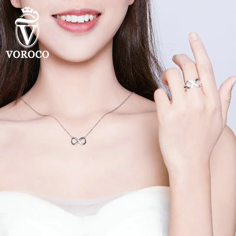 Voroco настоящий 925 пробы серебряный комплект ювелирных изделий Бесконечность Любовь Семья навсегда цепи ожерелье и кольцо для женщин ювелирные изделия