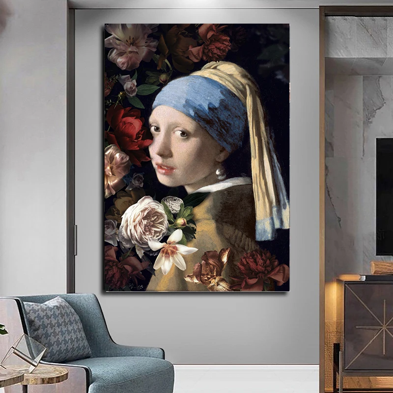 Цветок девушка с жемчугом Серьги Известный холст картины репродукции портрет