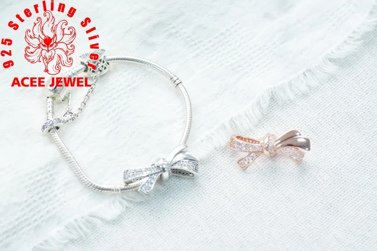 

Authentic 925 Sterling Silver Pink Mother's Love Bow Ribbon Beads Charms fit Original pandora Bracelets Women DIY Jewelry