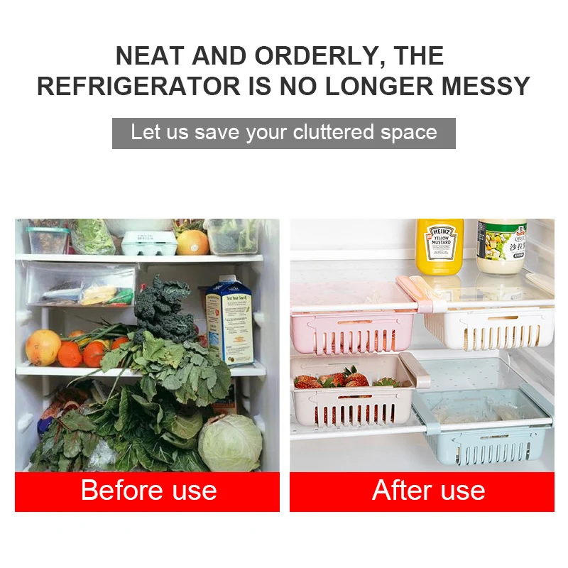 

1/2Pcs Stretchable Fridge Storage Baskets Refrigerator organizer Kitchen Accessories Storage Container Plastic Pull-out Drawer
