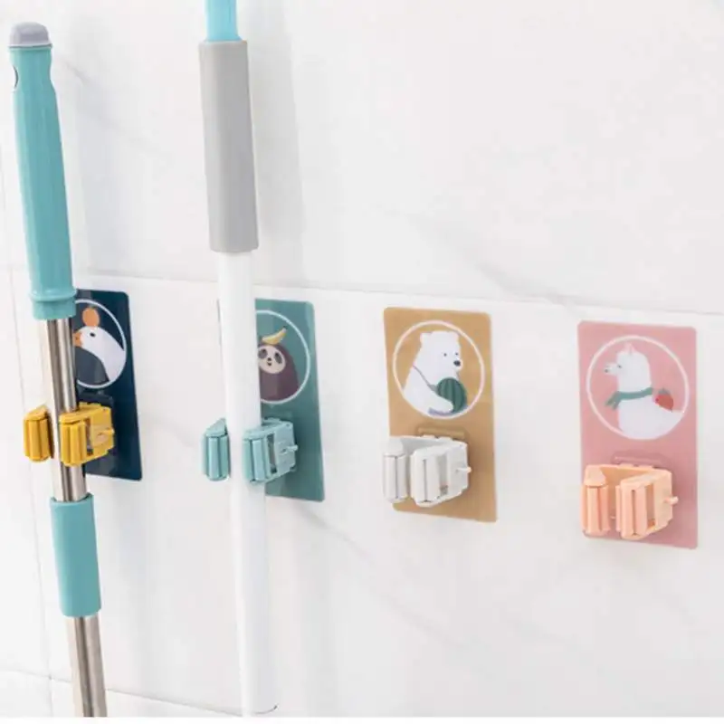 

1pc Non-slip Storage Rack Traceless Broom Mop Holder Bathroom Kitchen Self Adhesive Wall Mounted Hook Storage Holder