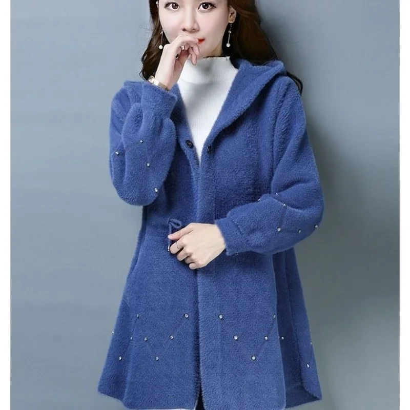 

Women Autumn Winter Hooded Sweater Imitation Mink Fur Coat Knitted Cardigan Jacket Long Sleeve Outerwear Plus Size 4XL Y224