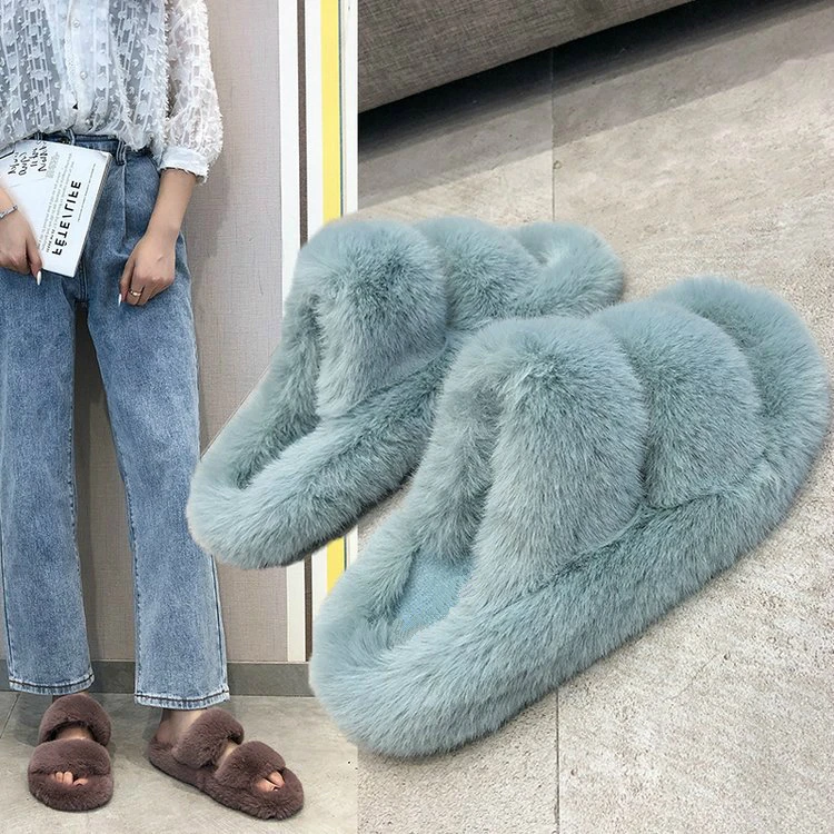 

2020 Fluffy Home Slippers Women Faux Fur Slippers Cozy Furry Slides Open Toe Slip on Soft Slippers House Floor Plush Warm Shoes