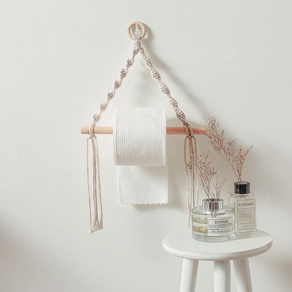 

Vintage Nordic Wooden Stick Toilet Paper Holder Wall Hanging Hand-woven Tapestry Macrame Kitchen Bathroom Towel Rack Decoration