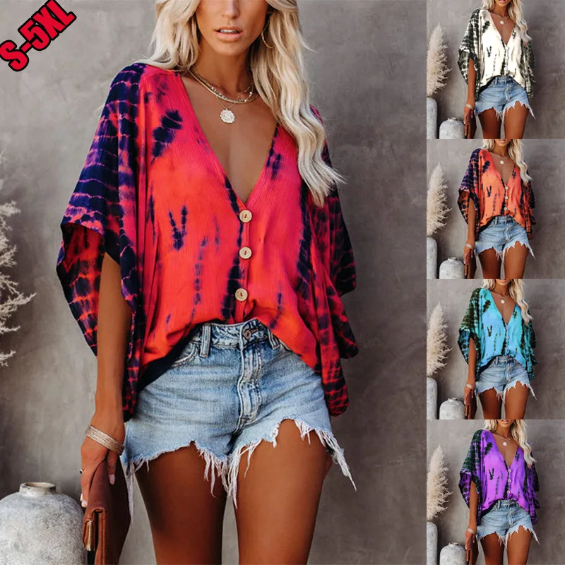 

Blouse Buttons V Neck Tie Dye Print Shirts Fashion Women Long Sleeve Batwing Loose Female Tops Spring Autumn Tee