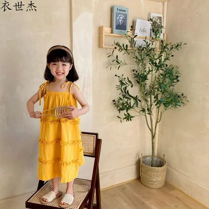 

2021 summer sling dress flower girl princess dress summer female yellow lace sling children's clothing beach