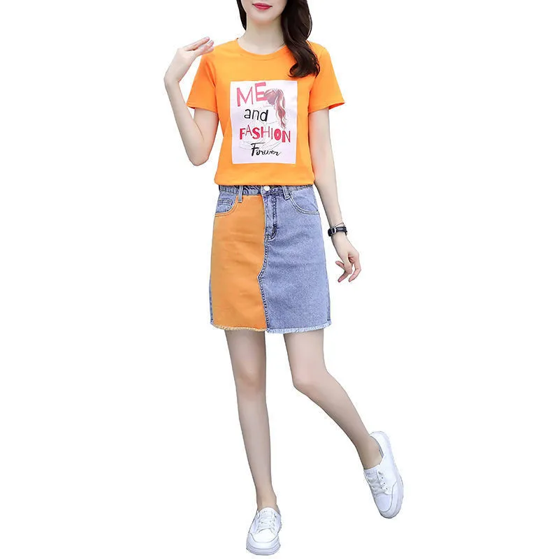 

Женский костюм из двух предметов, джинсовая юбка и футболка + ковбойская юбка, комплект из двух предметов, B854, лето 2022