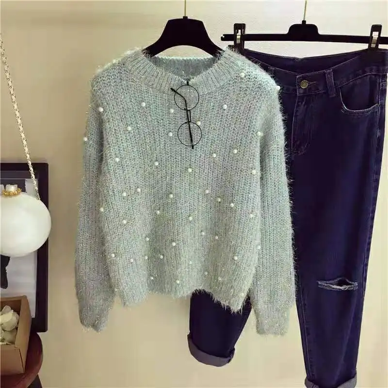 Женский Пушистый свитер с бусинами и жемчугом укороченный топ круглым вырезом
