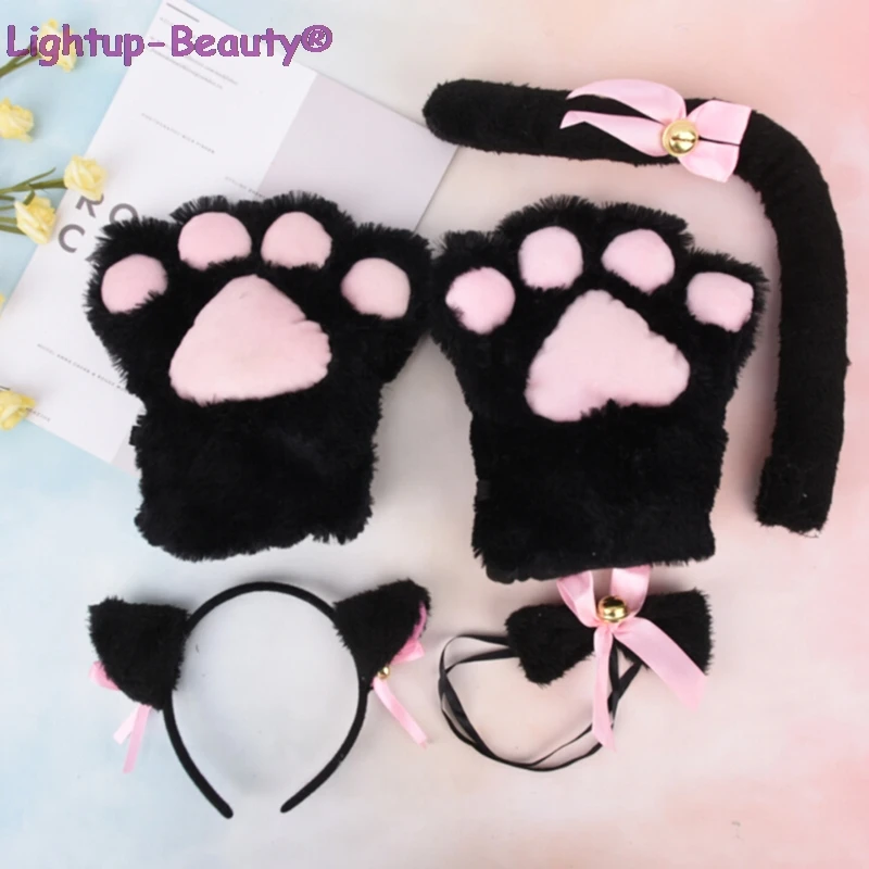 Plush Fox Ears Headband Tail Cat Paw Gloves Set Cosplay Fancy Dress Costume