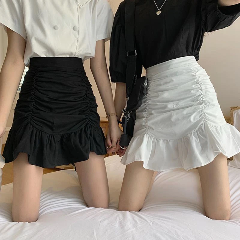 

Skirts Women Solid A-line Summer Mini Hem Ruffles New Ulzzang Chic Ruched All-match High Waist Hot Selling Lovely Girls Elegant