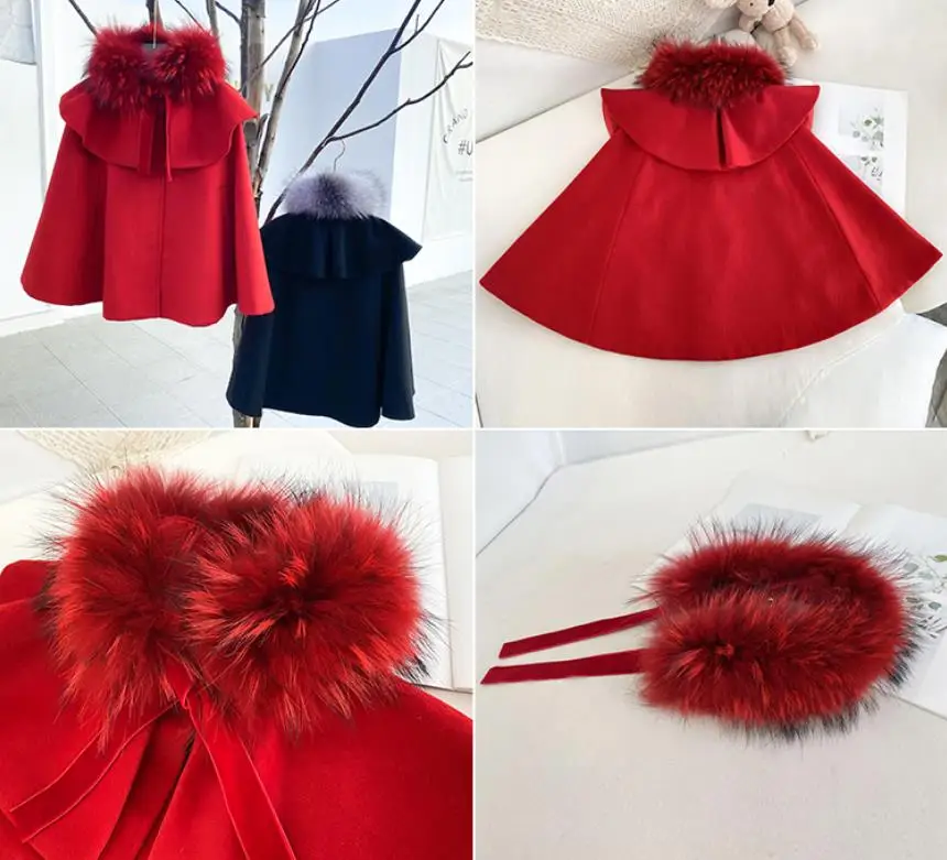

Winter Christmas Costume Hooded Real Fur Plus Warm Cloack Toddler Girl Kids Clothes Fur Coat High Quality Cloak Y3806