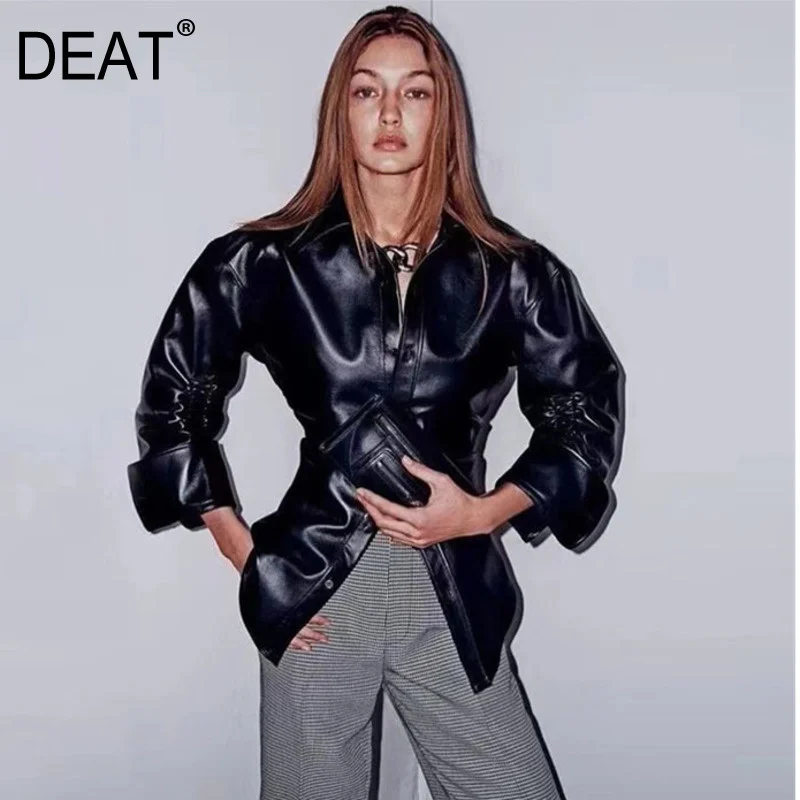 

DEAT 2021 New Autumn Winter And Summer Fashion Casual Black Lapel Tunic Locomotive Handsome Street Leather Clothes Coat Women