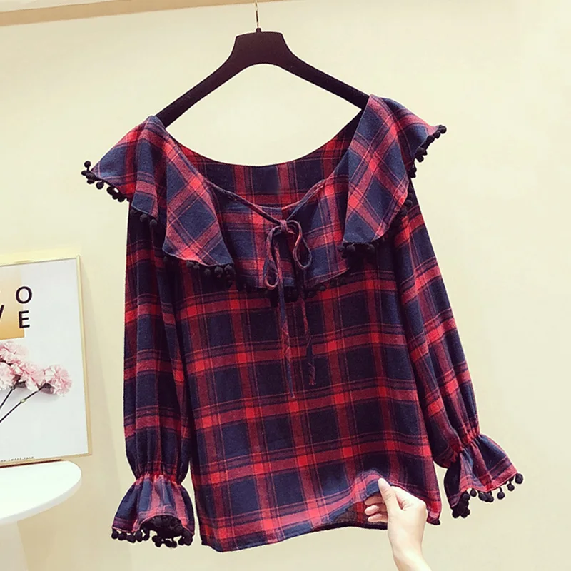 Женская рубашка в клетку Корейском стиле красная свободная клетчатая блузка с