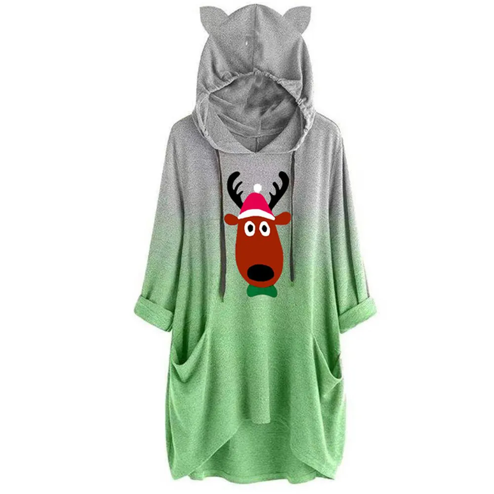 

Womens Pockets Longtops Hooded Tees Kawaii Casual Loose Pocket Tshirt Christmas Printed Loose Hoodie Sweatshirt