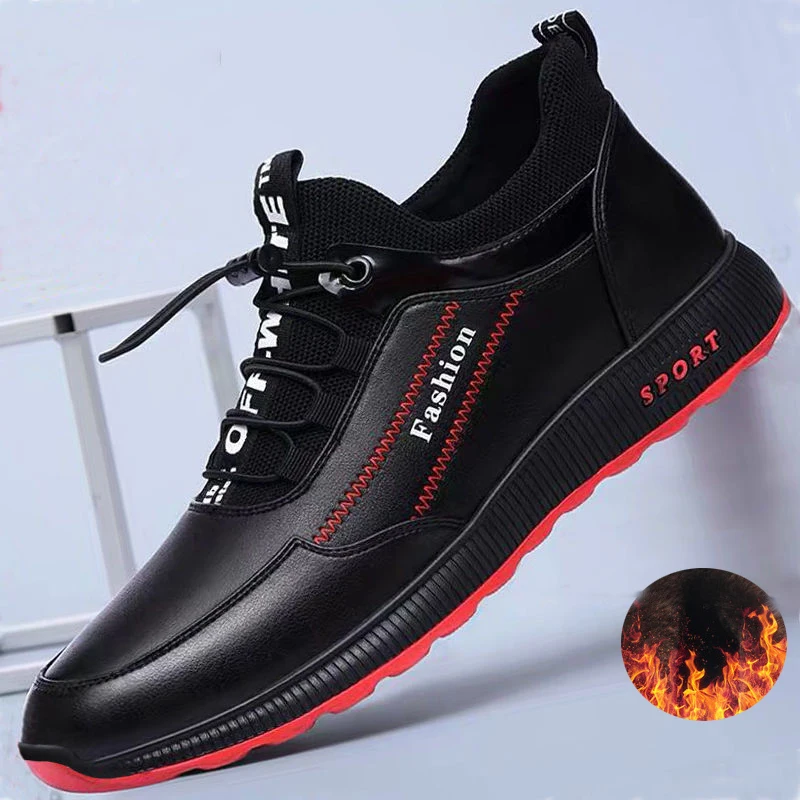 

2021 Fashion leather Shoes Men Casual Shoes winter Plus velvet to keep warm black Comfortbale Sneakers Men Flats Shoes Big Size
