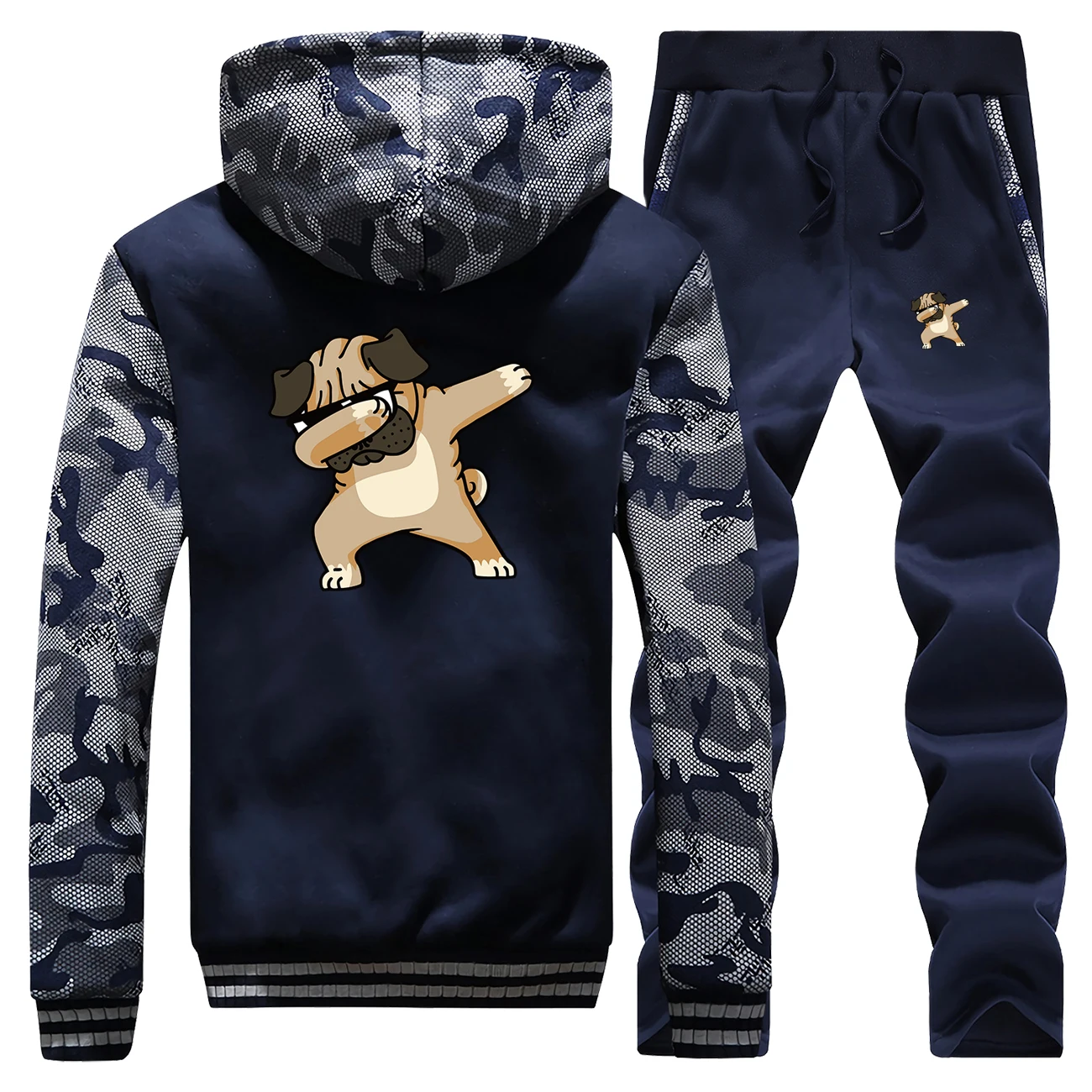 

2019 Winter Brand Warm Hoodie Dabbing Pug Cartoon Men Dog Camouflage Jakcets Coat Thick Suit + Pants 2Piece Set Sportswear