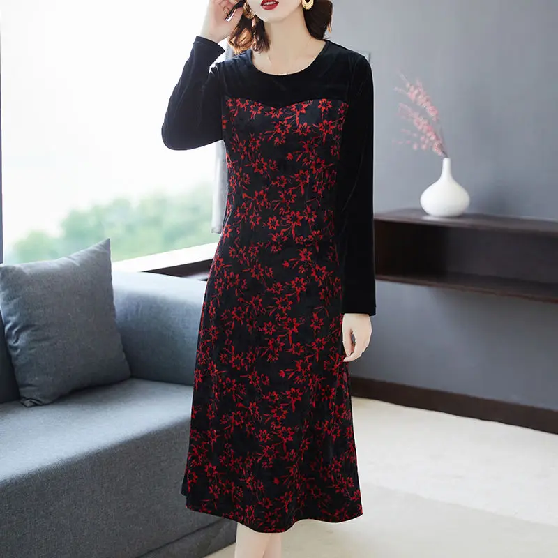 

Large size 5XL floral print gold velvet 2020 new autumn winter mid-length dress patchwork o-neck elegant high-end party vestido