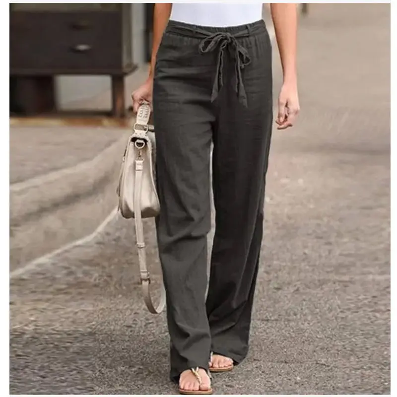 

Women's cotton linen trousers summer polychrome breathable solid loose linen trousers casual street wear stretch waist track tro