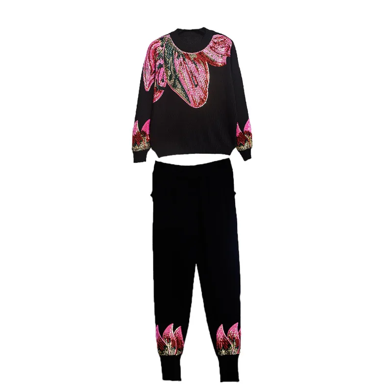 

SuperAen New Autumn Sequin Loose Print Full O Neck Sweater Coat Pants Two-piece Set Women