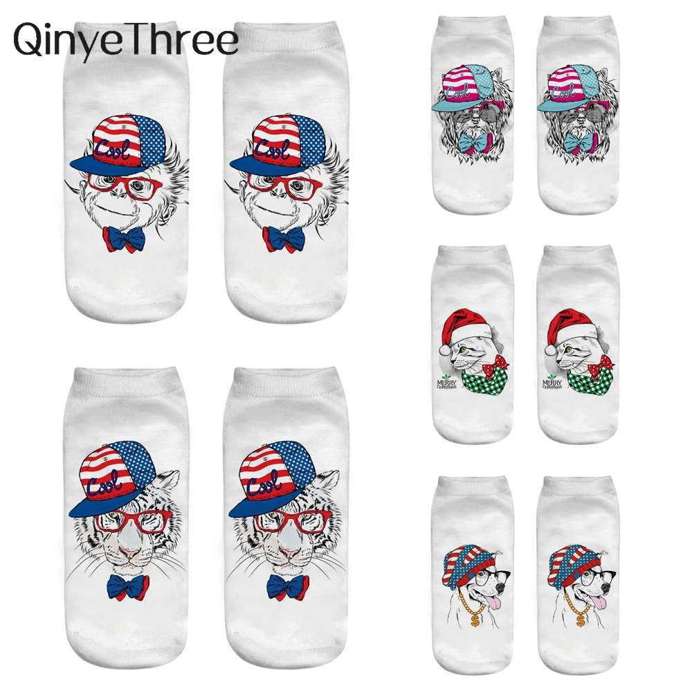 

New 3D Printed Cute Cartoon Animals Wearing Hats Series Socks Cool Dog Cat Monkey Tiger Novelty Gift Sokken Drioship