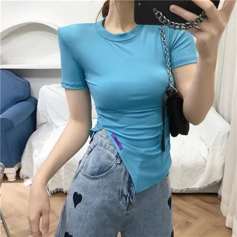 

Топ женский, с разрезами по бокам, приталенный, с коротким рукавом, весна-лето, 2021