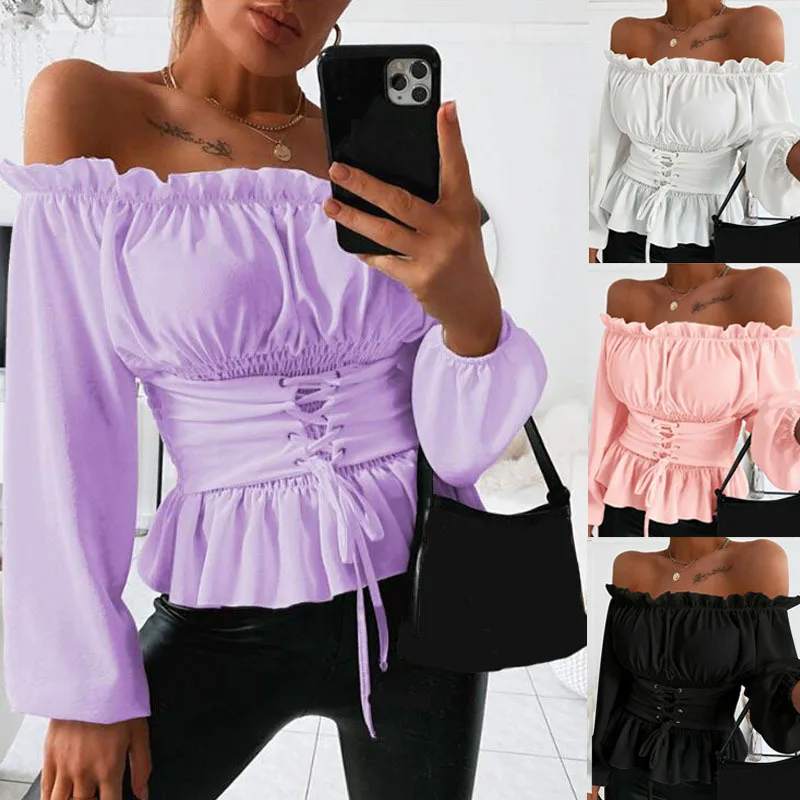 

Women Autumn Solid Off Shoulder Blouse Shirt Sexy Slash Neck Long Sleeve Lace Up Corset Blouses Fall Blusas Mujer De Moda 2021