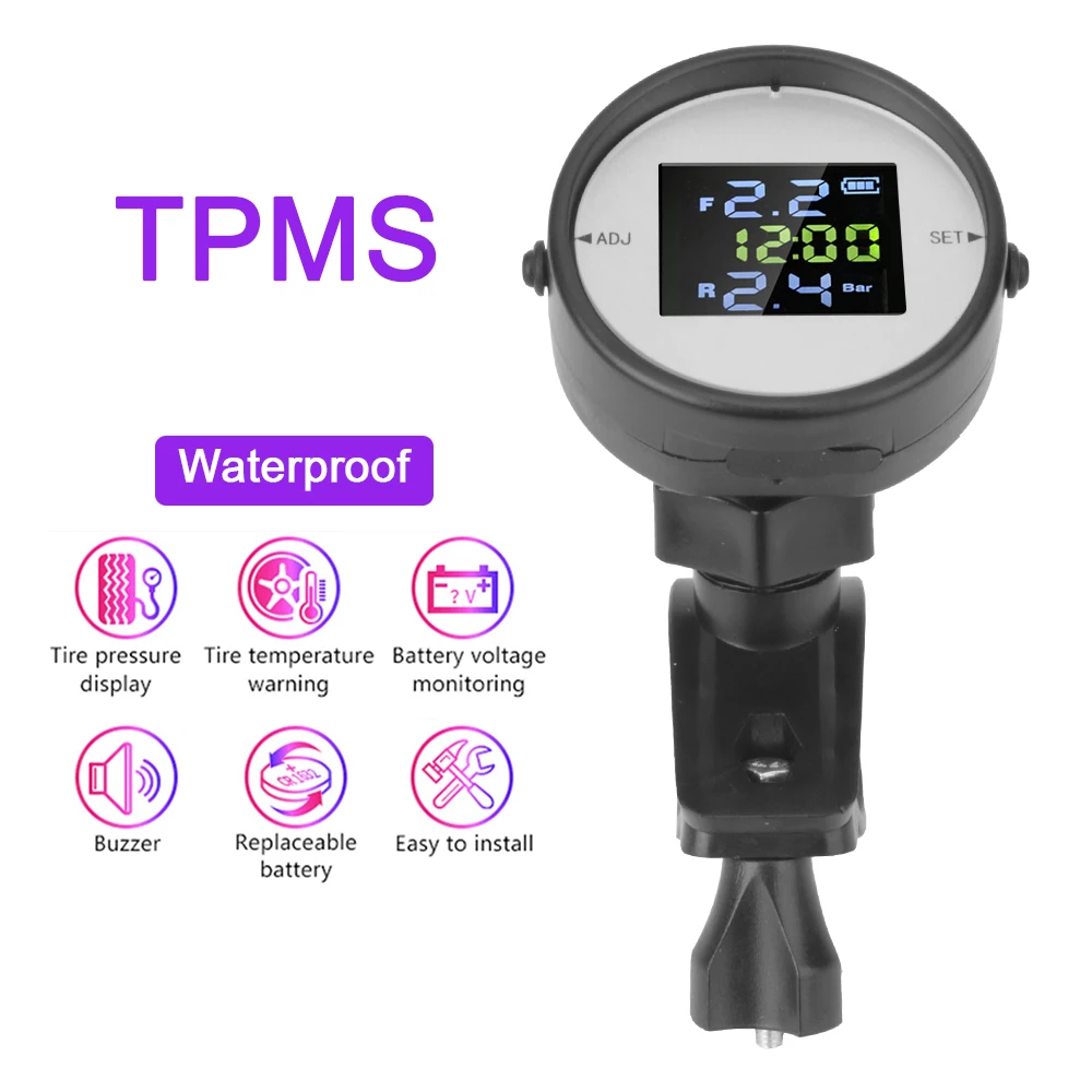

LEEPEE Motorcycle Alarm Gauge Wireless Tyre Pressure Monitor System Moto TPMS LCD Display With USB External Sensors