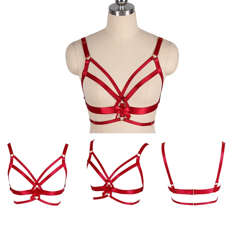 

Sexy Open Chest Polyester Cage Bra Women Body Harness Crop Top Bondage Lingerie Special Designs With Metal Ring-O Connection