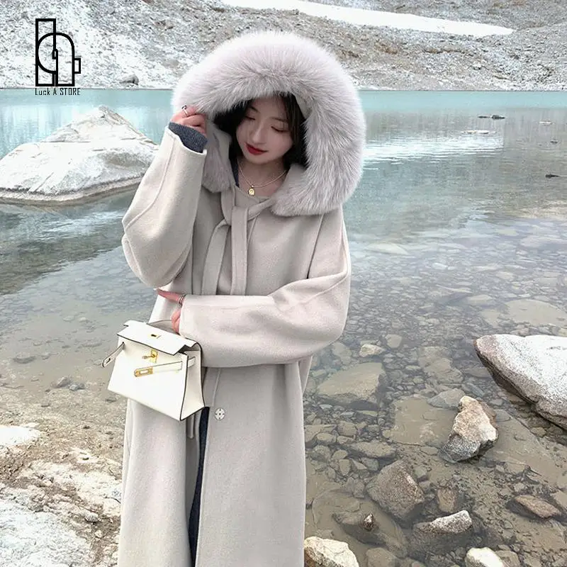 Женское шерстяное пальто Luck A элегантное однотонное с большим меховым воротником