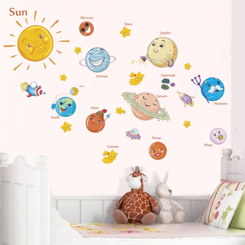 New Solar System Cartoon Wall Stickers For Kids Rooms Stars Outer Space Planets Earth Sun Saturn Mars Poster Mural School Decor | Дом и сад