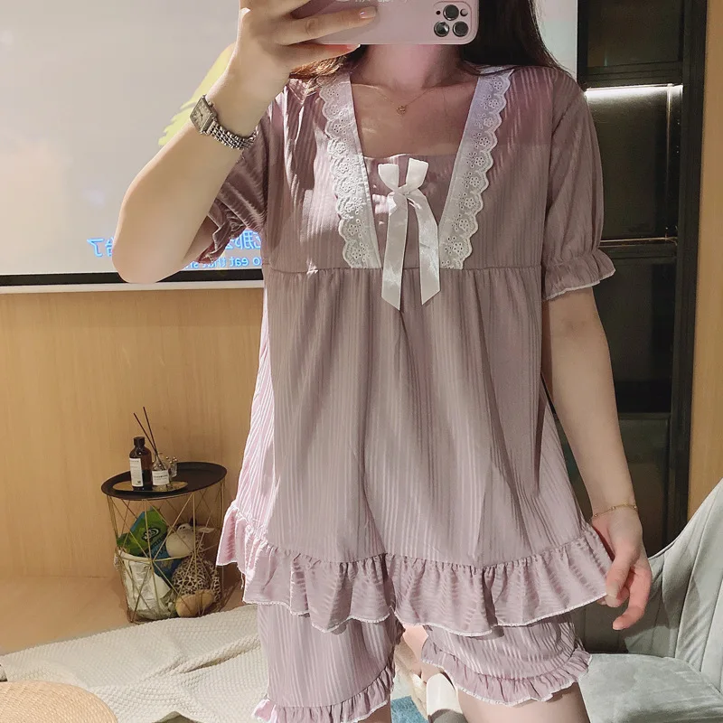 

Women Pajamas Suit Sexy Intimate Lingerie Casual Cotton Shirts&Shorts Soft 2PCS Pyjamas Set Home Clothes Lace Summer Sleepwear