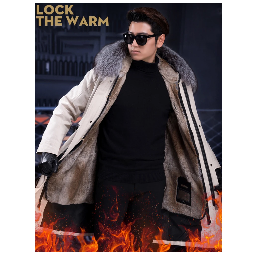 

Long Trench Coat Men Detachable Real Rabbit Fur Liner Silver Fox Fur Collar Parka Autumn and Winter New Trench Coat Men