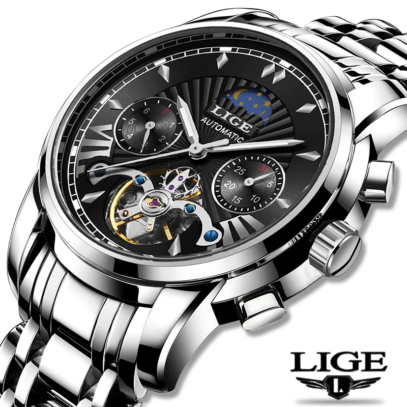 

LIGE 2019 business watch men Automatic Luminous clock men Tourbillon waterproof Mechanical watch top brand relogio masculino+Box