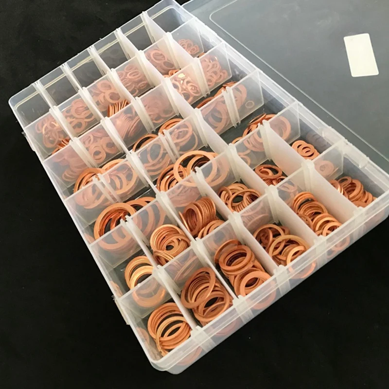 

568Pcs/Set Copper Washer Gaskets Flat Ring Seal Set with Plastic Box Assortment Kit Sump Plug Washers 30 Sizes Kit