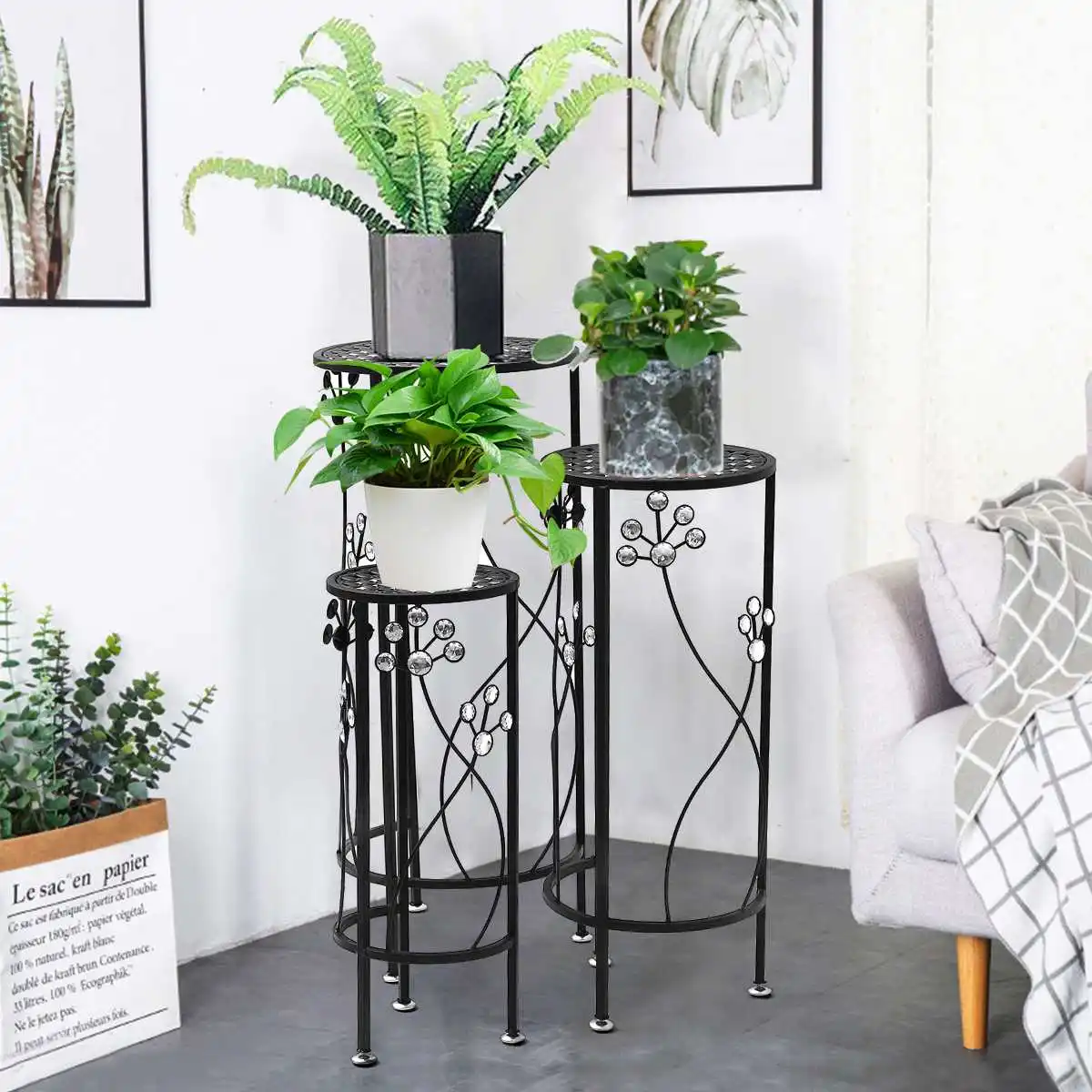 

3pc/Set Metal Stand Plants Rouand Landing Type Extravagant Shelf Indoor Flowerpot Frame Flower Stand Home Decoration Rack