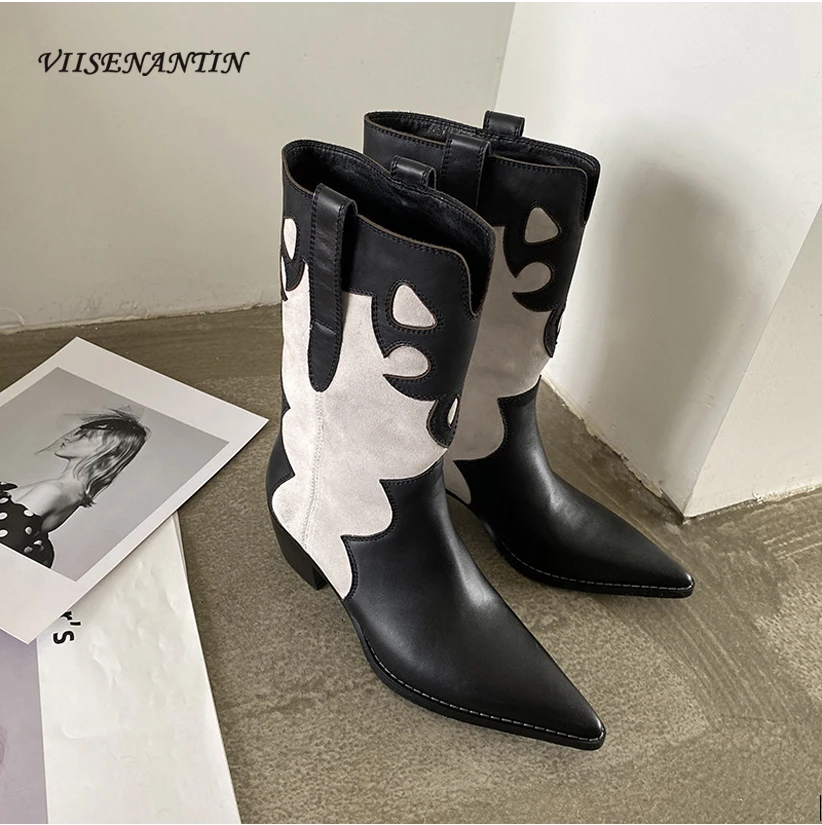 

Ковбойские ботинки с острым носком и принтом в стиле ретро, модные кожаные короткие ботинки на среднем каблуке с рукавом, дымчатые ботинки-т...