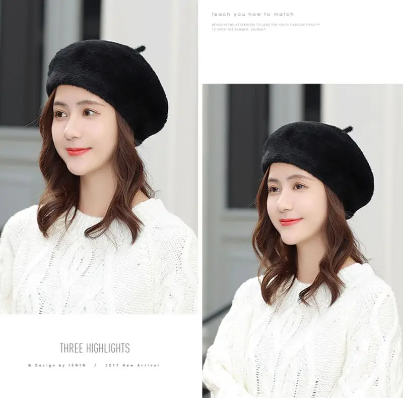 Шапка-берет Женская кашемировая однотонная шапка художника в стиле ретро с