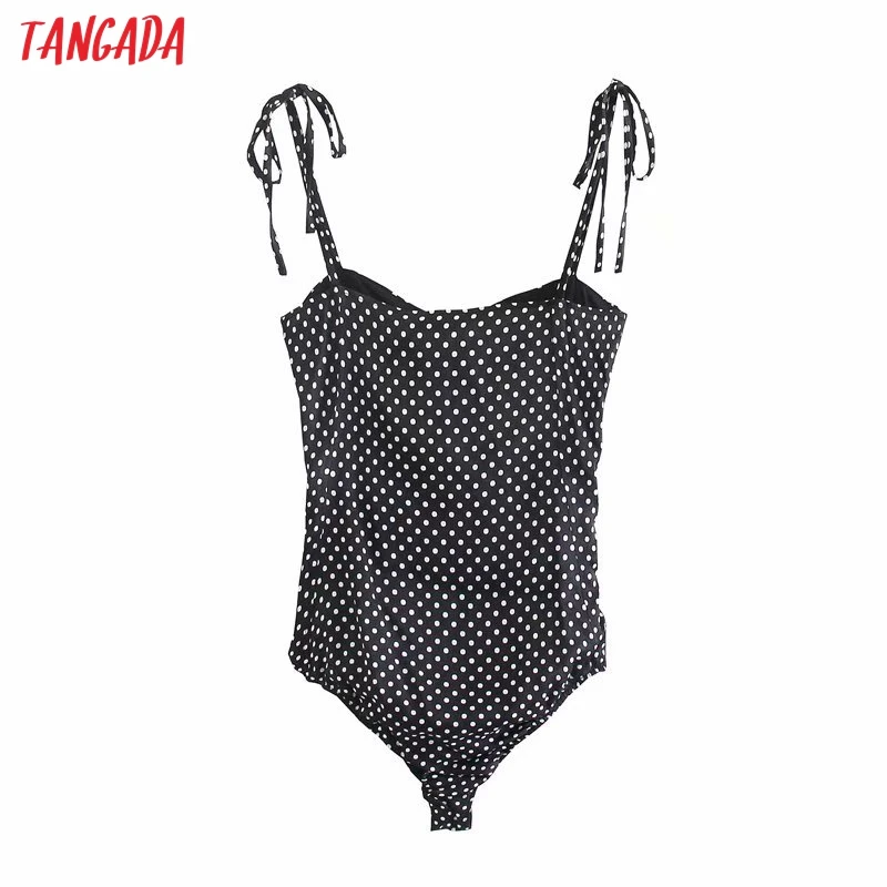 

Tangada Women Vintage Dots Print Bodysuit Spaghetti Strap Sleeveless Rompers Ladies Summer Body Shirt 3H643