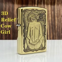 authentic pure copper 3d relief cow girl windproof kerosene lighter mens personalized creative gift