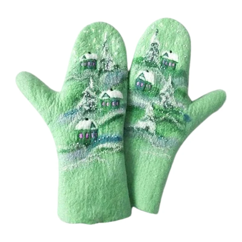 

Women Winter Faux Cashmere Full Finger Gloves Christmas Landscape Houses Tree Print Holiday Thicken Warm Thermal Mittens