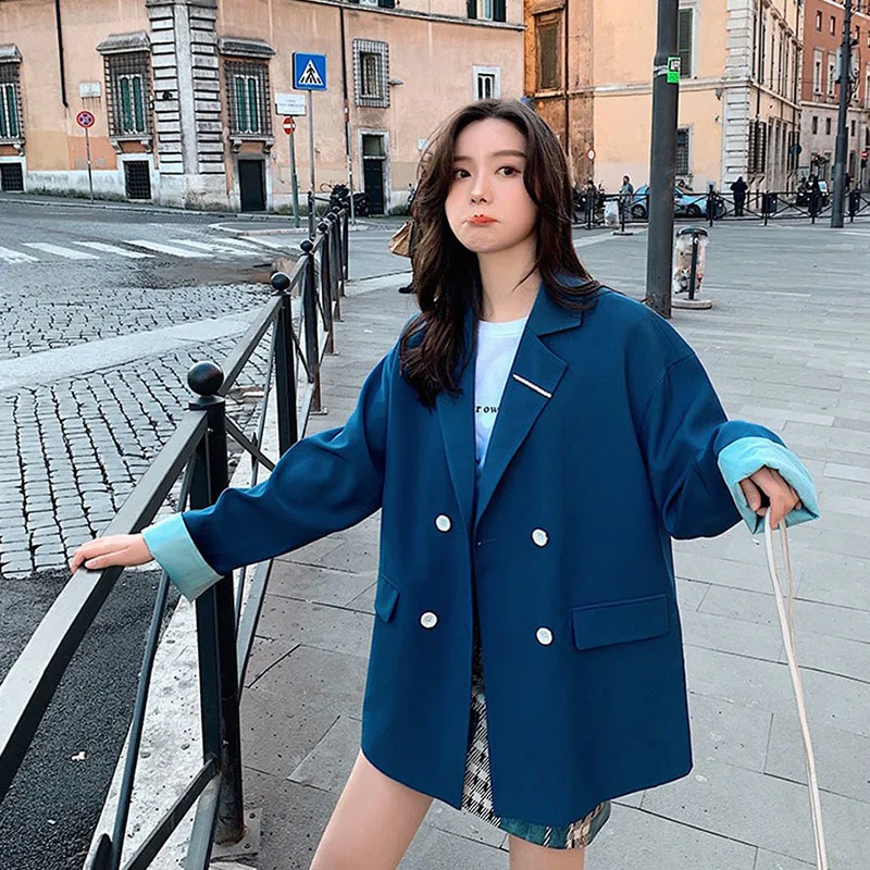 

Korean Loose Blue Blazers Women Spring Autumn 2021 Plus Size Double Breasted Long Sleeve Suit Jacket Female Lapel Casual Outwear