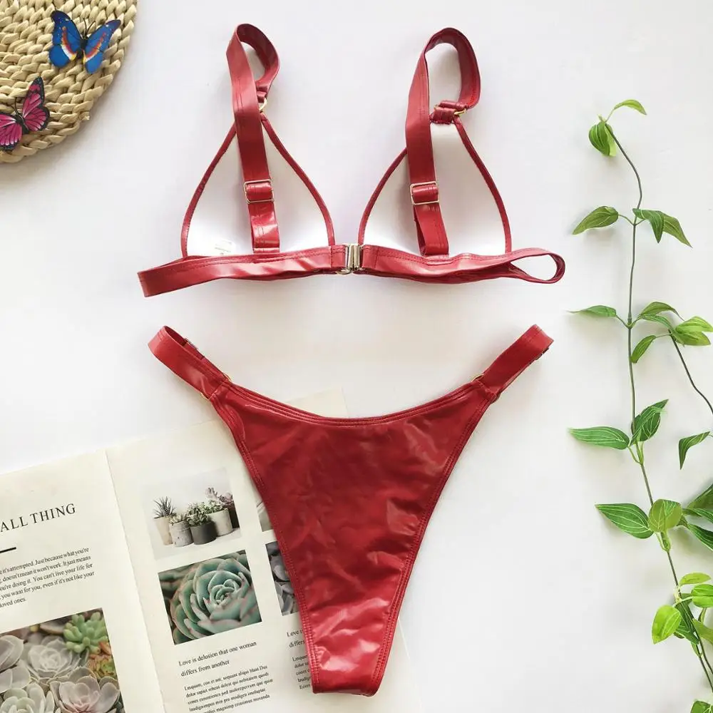

Solid PU Leather Swimsuit Two Piece Swimwear Women Push Up Bathing Suit Brazilian Bandage High Cut Bikinis Sexy Swimsuit Biquini
