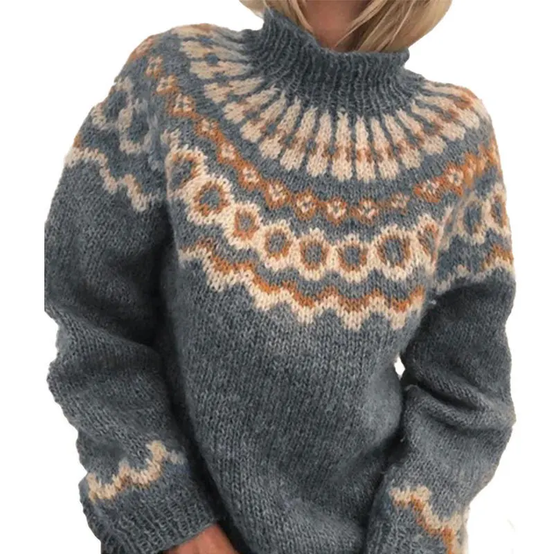

WEPBEL Women's Casual Long Sleeve High Collar Loose Pullover Knitted Sweater Autumn Winter Turtleneck Print Sweater