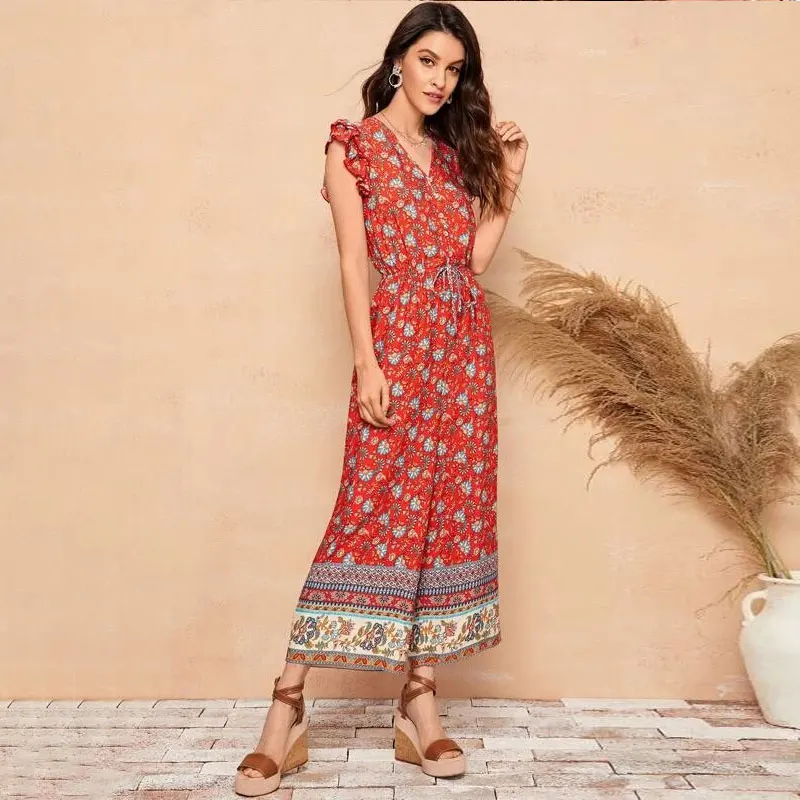 

Женский пляжный комбинезон в стиле бохо, с V-образным вырезом и рюшами