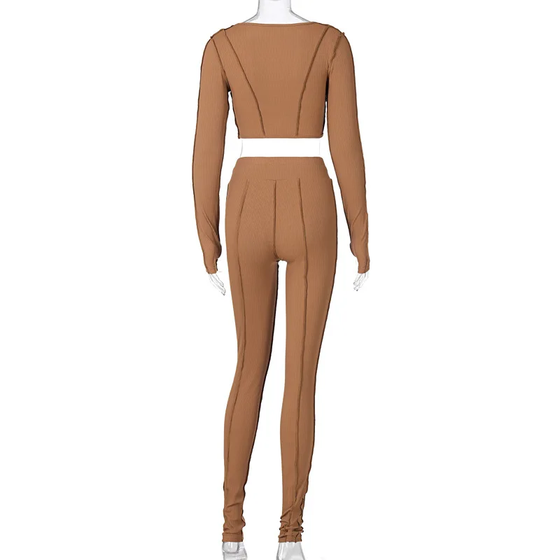 

TNNAOFF Sexy Rib Knit 2 Piece Set Women Overalls Long Sleeve Hollow Out Mesh Bandage Crop Top Fashion Pencil Pants Matching Sets