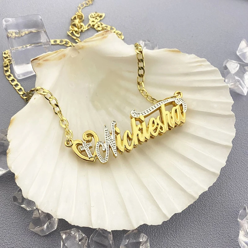 Custom Bling Name Necklace Jewelry pendant chain Personalized Pendant Carved pattern Jewelry custom friends birthday gifts women