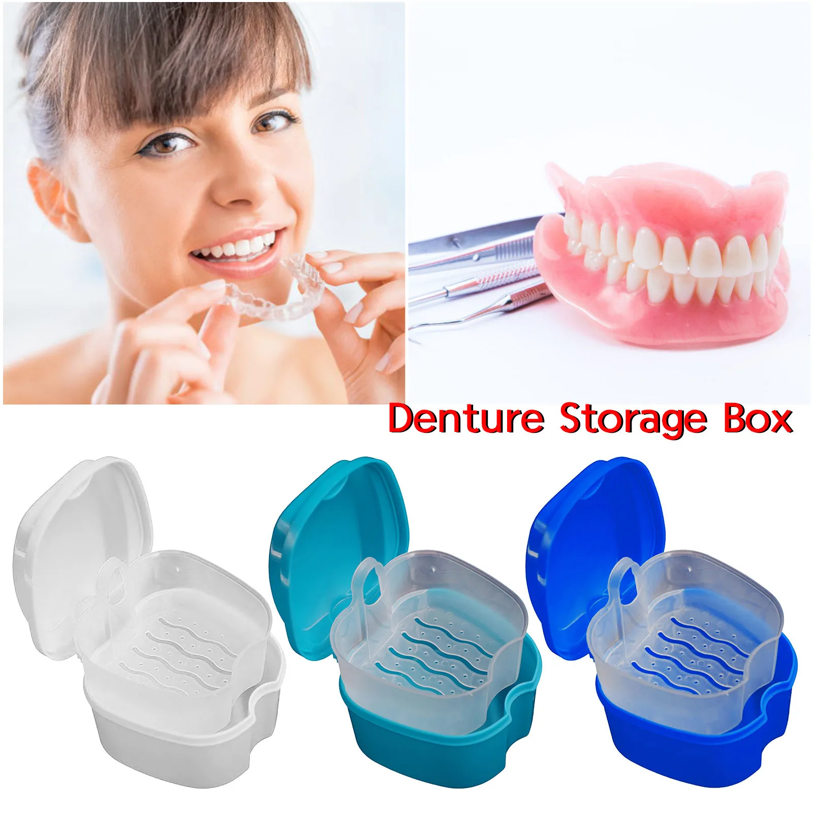 

Oral Tooth Care Denture Bath Box Case-Dental False Teeth Storage Box With Hanging Net Container Denture Box With Net Sept